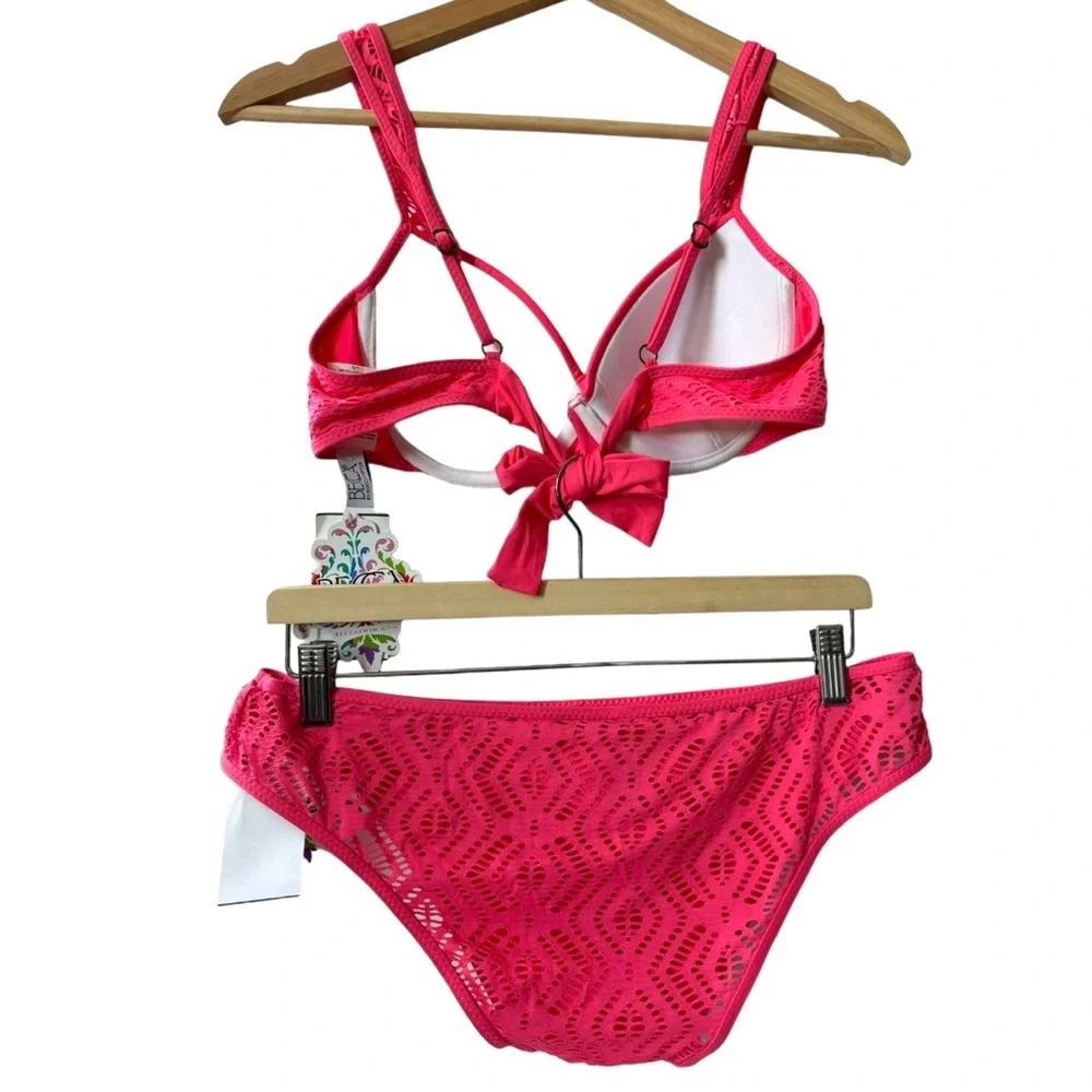 BECCA Crochet 2 Piece Top Bottom Bikini Set Coral Size Large